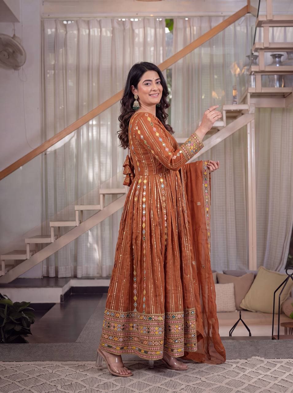 Women's Rust Orange Blend Anarkali Gown Set with Dupatta thumbnail 4