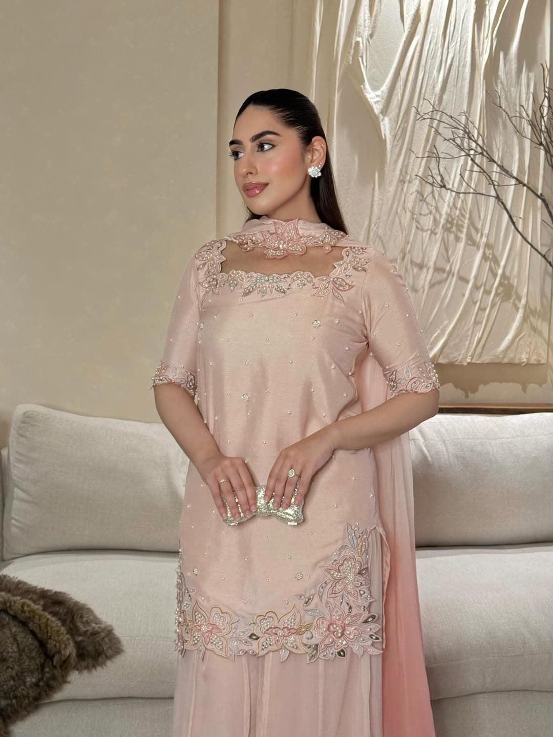 Blush Pink Heavy Floral Embroidered Georgette Straight Suit with Soft Dupatta