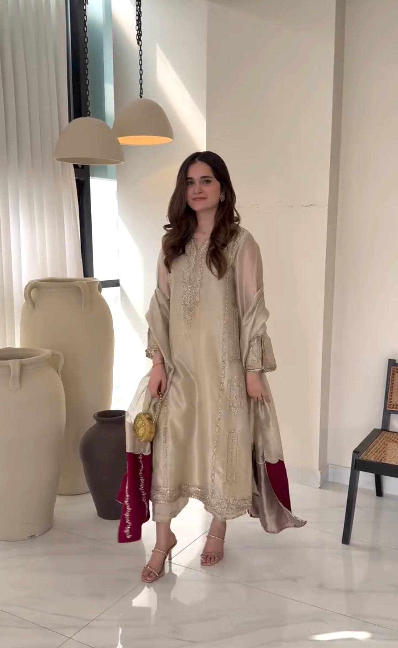 Ivory Embroidered Kurta with Wine Flared Palazzo thumbnail 3