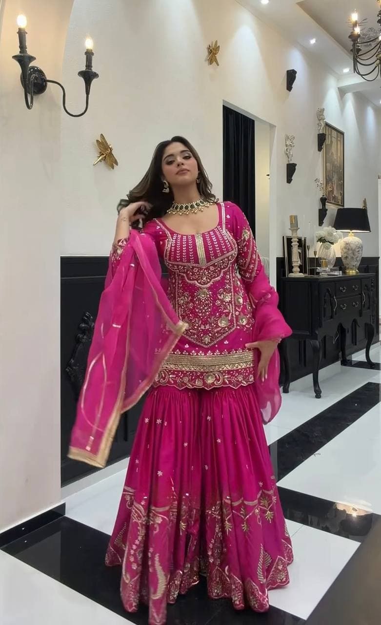 Luxury Rani Pink Embroidered Sharara Suit with Elegant Dupatta Collection thumbnail 3