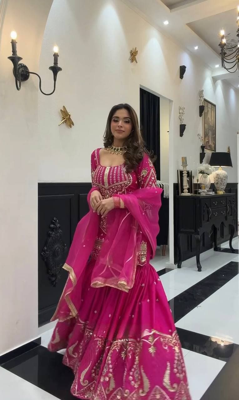 Luxury Rani Pink Embroidered Sharara Suit with Elegant Dupatta Collection thumbnail 4