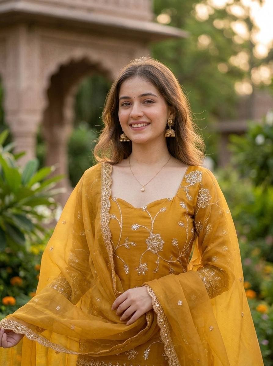 Elegant Mustard Yellow Embroidered Suit Set with Dupatta thumbnail 6