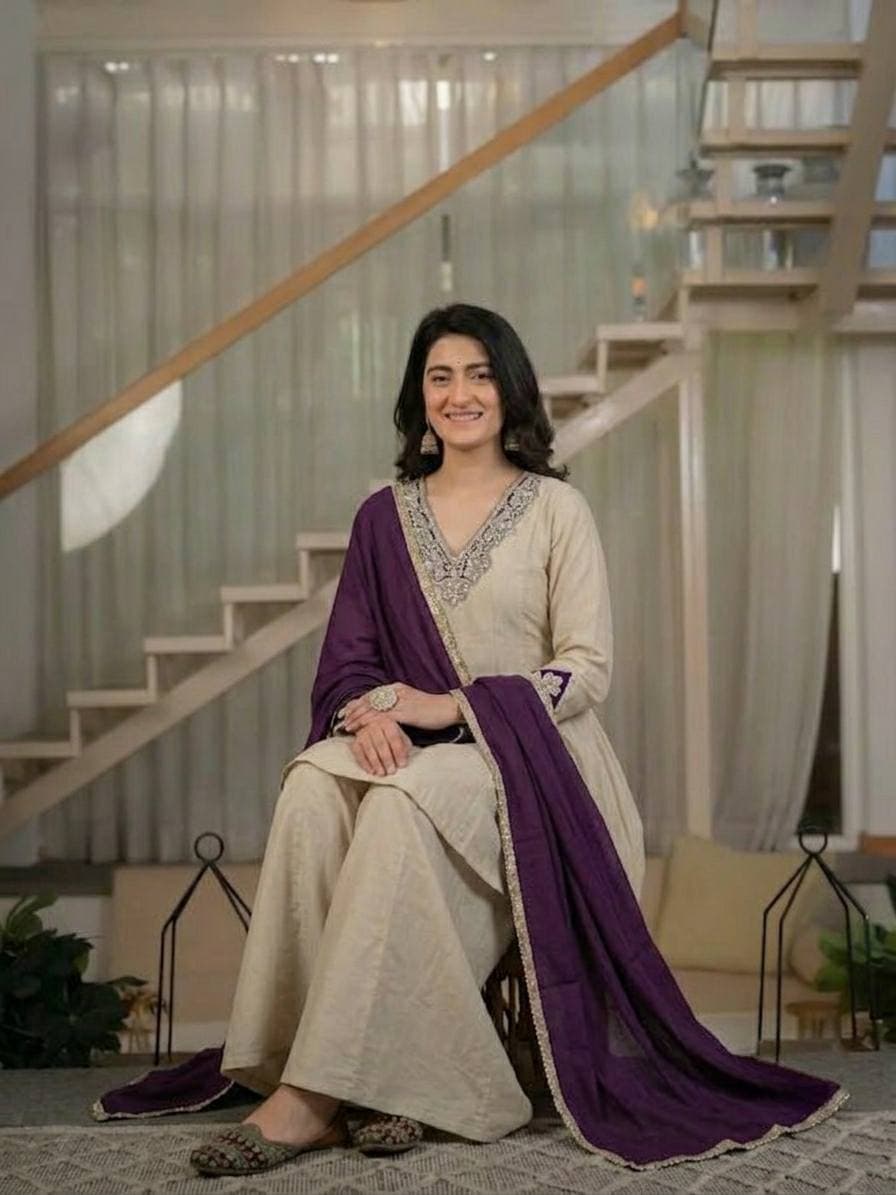 Women's Ivory Beige Designer Kurta Palazzo Set with Purple Dupatta thumbnail 2
