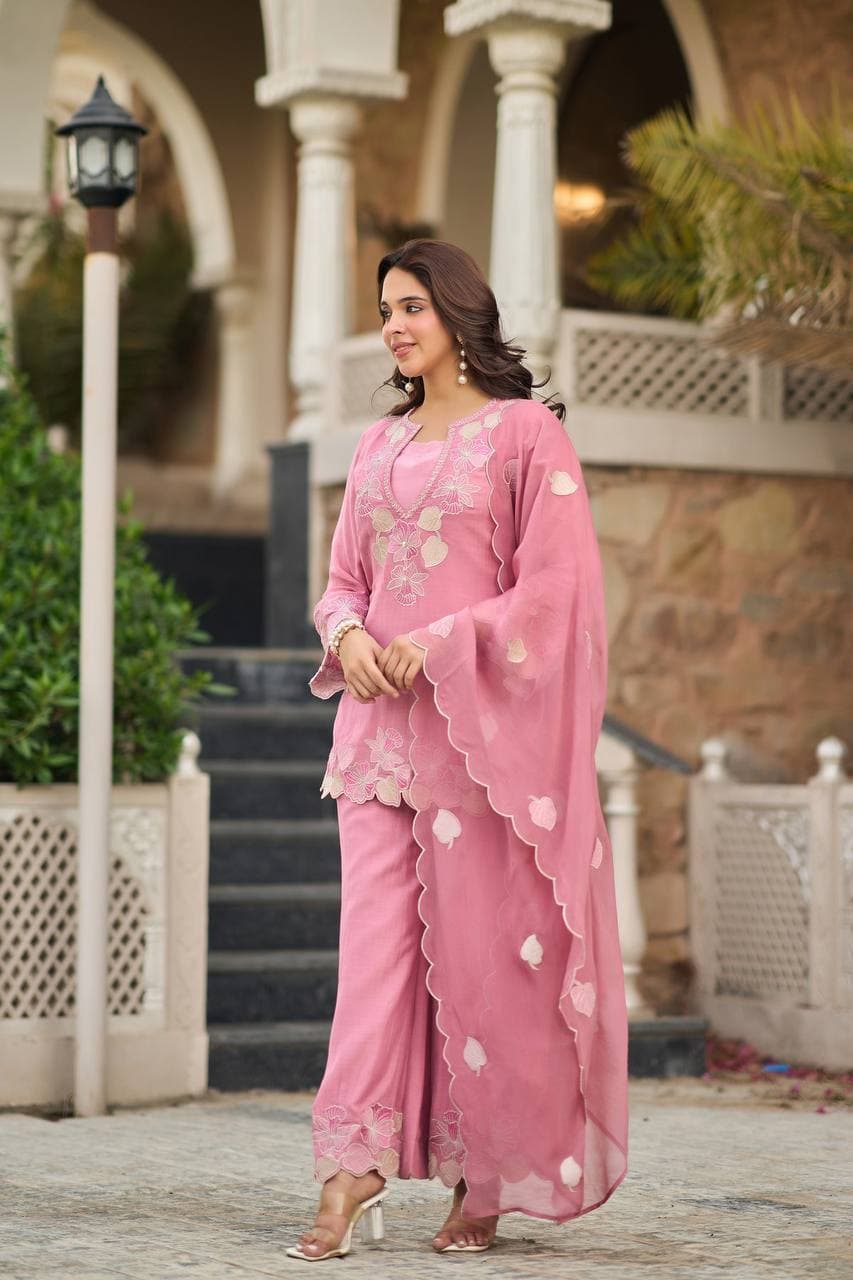 Designer Rose Pink Straight Kurta Palazzo Set with Floral Appliqué Work