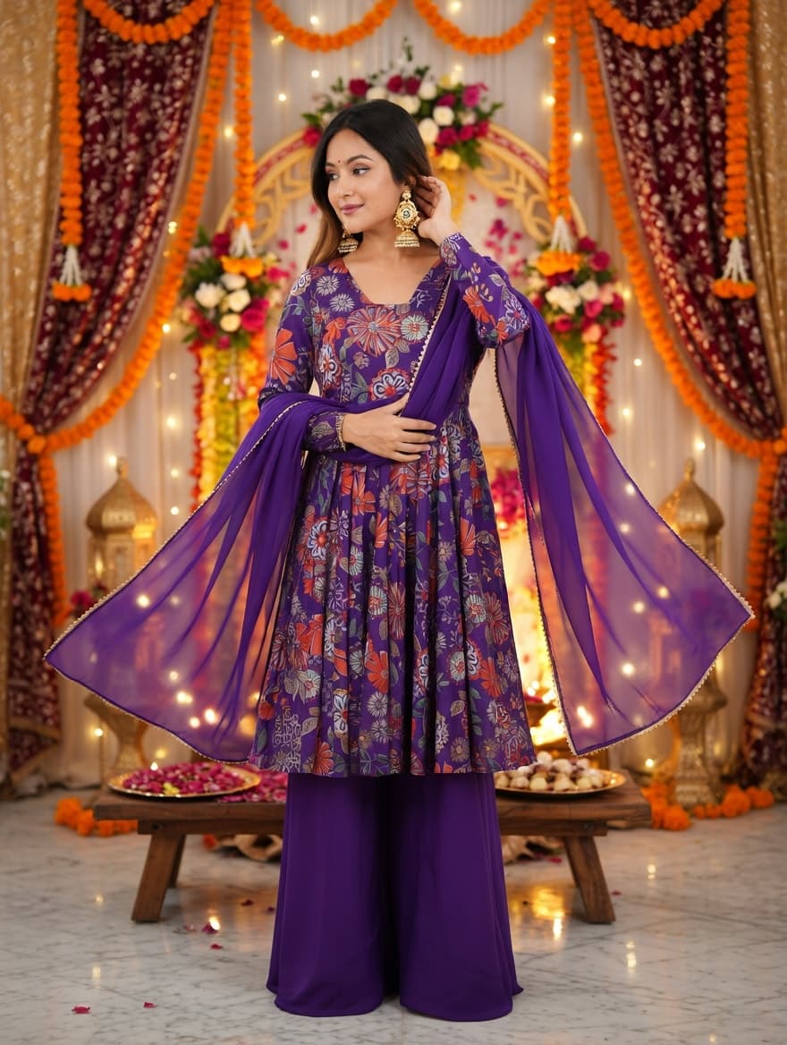 Women's Pure Roman Silk Chanderi Anarkali Kurta Palazzo & Dupatta Set thumbnail 4