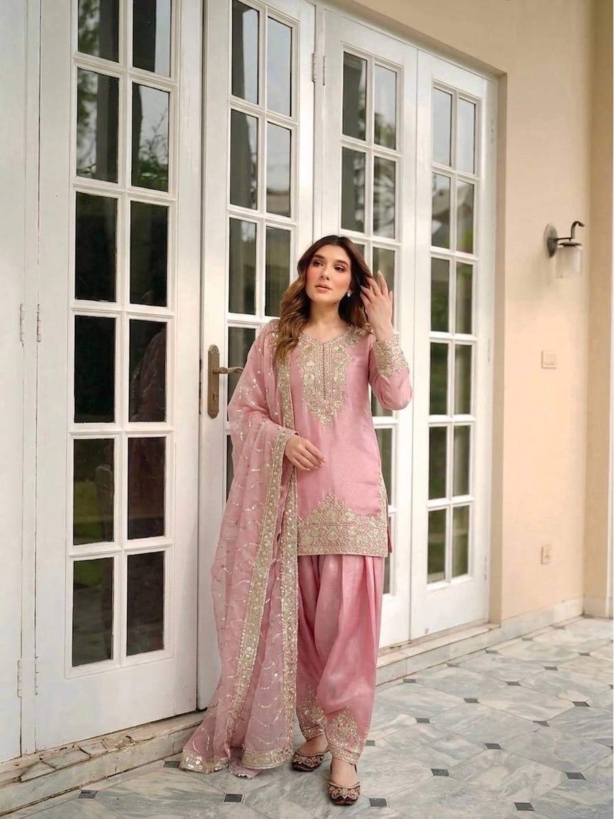 Designer Peach Embroidered Straight Kurta Patiala Suit Set for Women