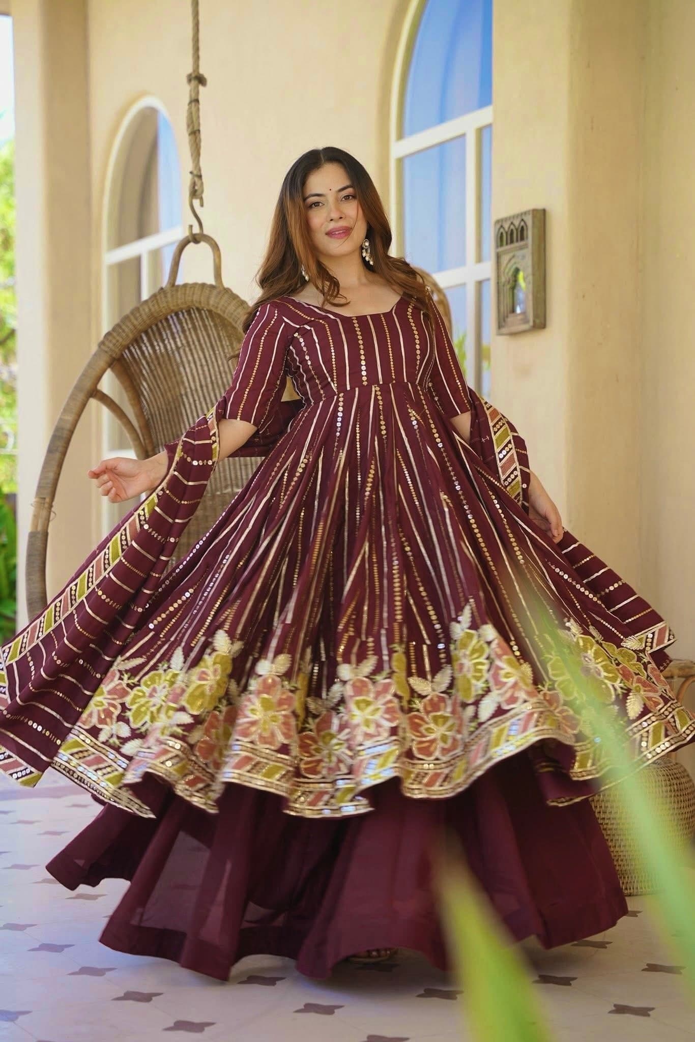 Wine Purple Floral Embroidered Cotton Anarkali Kurta with Palazzo & Striped Dupatta