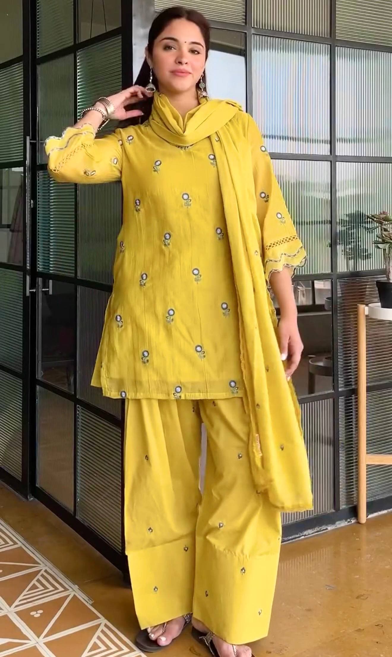 Mustard Yellow  Premium Straight Kurta with Palazzo & Dupatta Suit Set for Women thumbnail 2