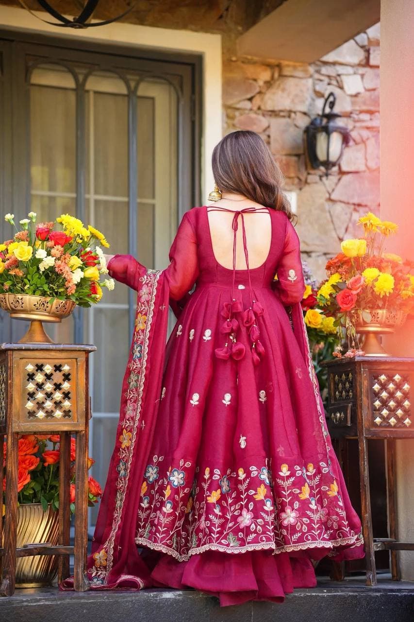 Elegant Maroon Anarkali with Organza Dupatta thumbnail 3
