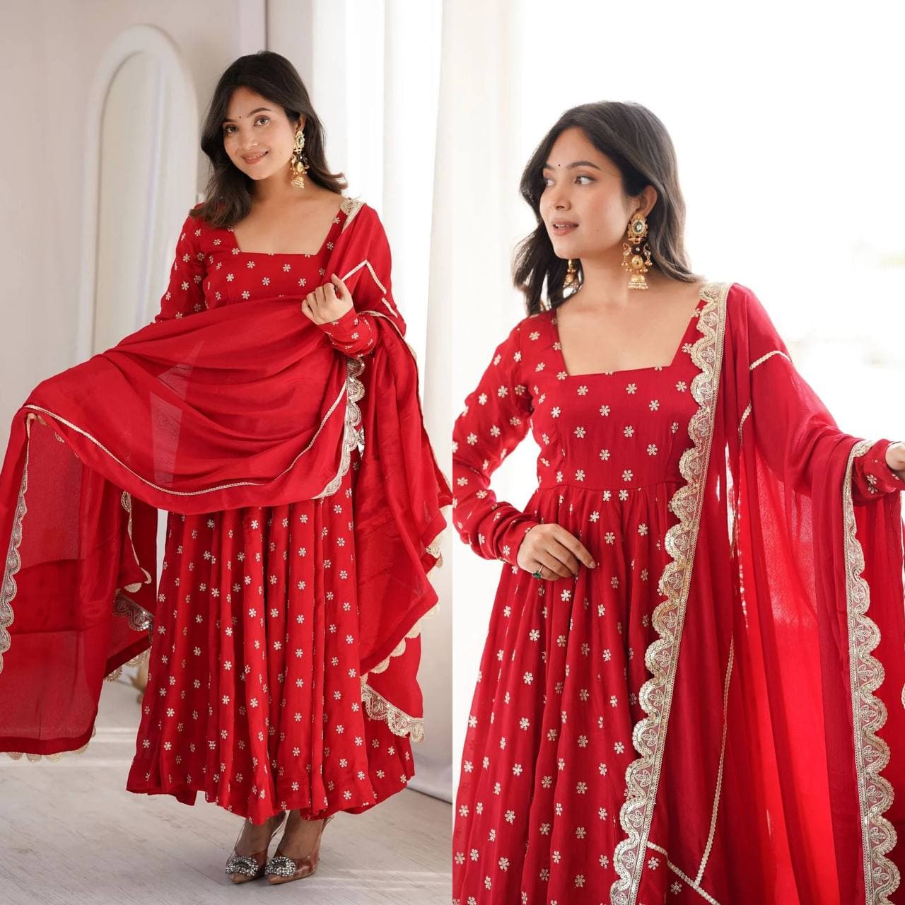 Women's Ruby Red Embroidered Georgette Anarkali Suit Set with Dupatta thumbnail 2