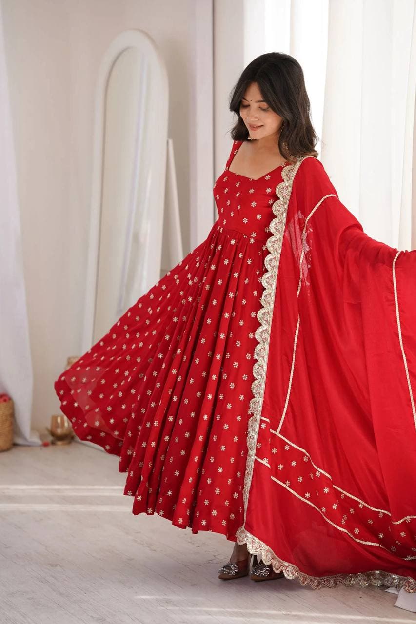 Women's Ruby Red Embroidered Georgette Anarkali Suit Set with Dupatta thumbnail 7