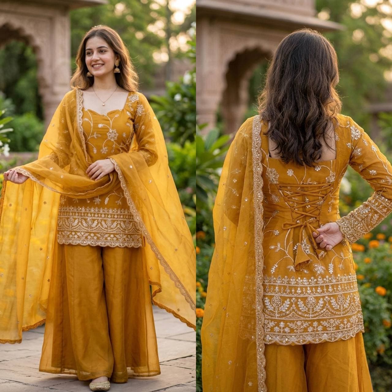 Elegant Mustard Yellow Embroidered Suit Set with Dupatta thumbnail 2