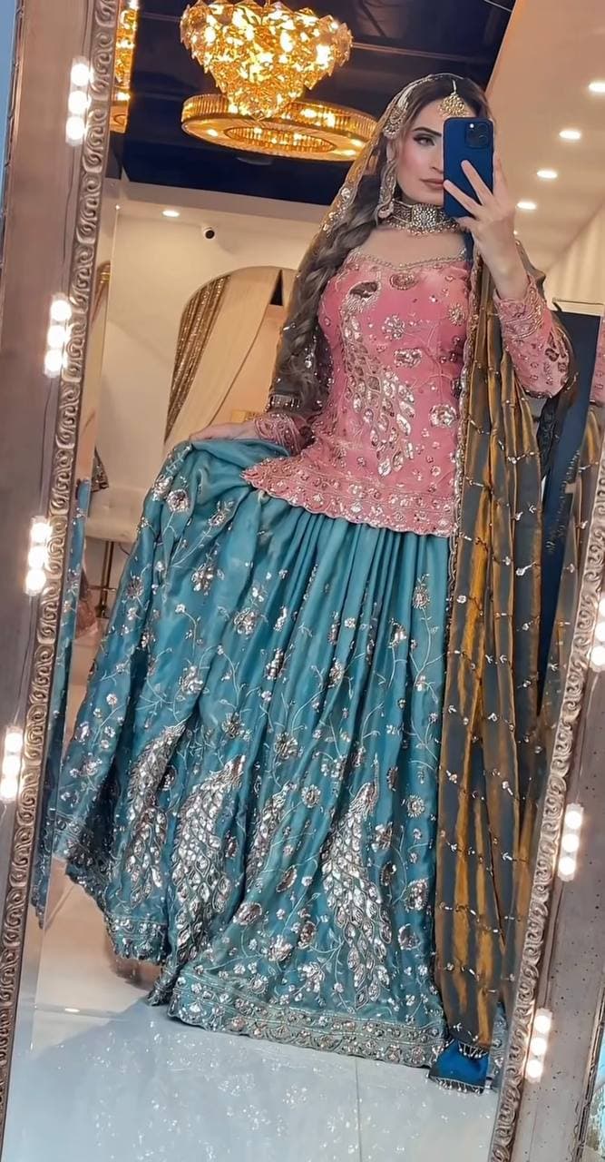 Dusty Pink Heavy Embroidered Silk Peplum Top with Teal Blue Floral Embroidered Plazzo &  Fandy  Dupatta thumbnail 4