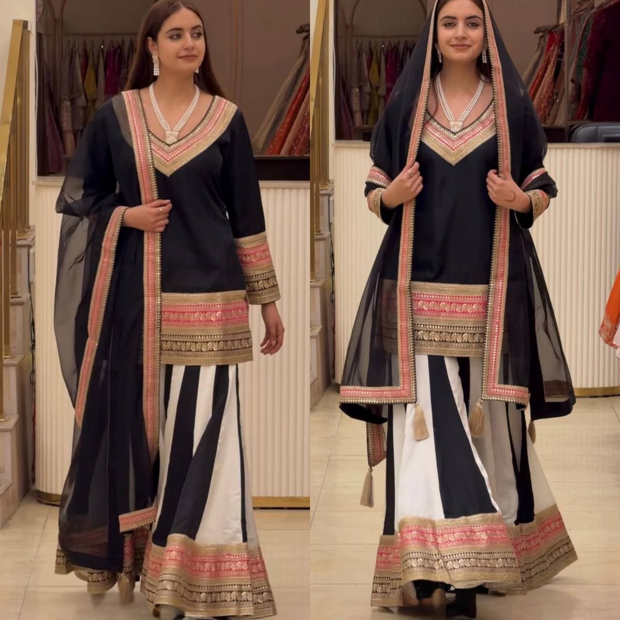 Black Embroidered  Natural Kurta Set with Organza Dupatta & Panelled Palazzo