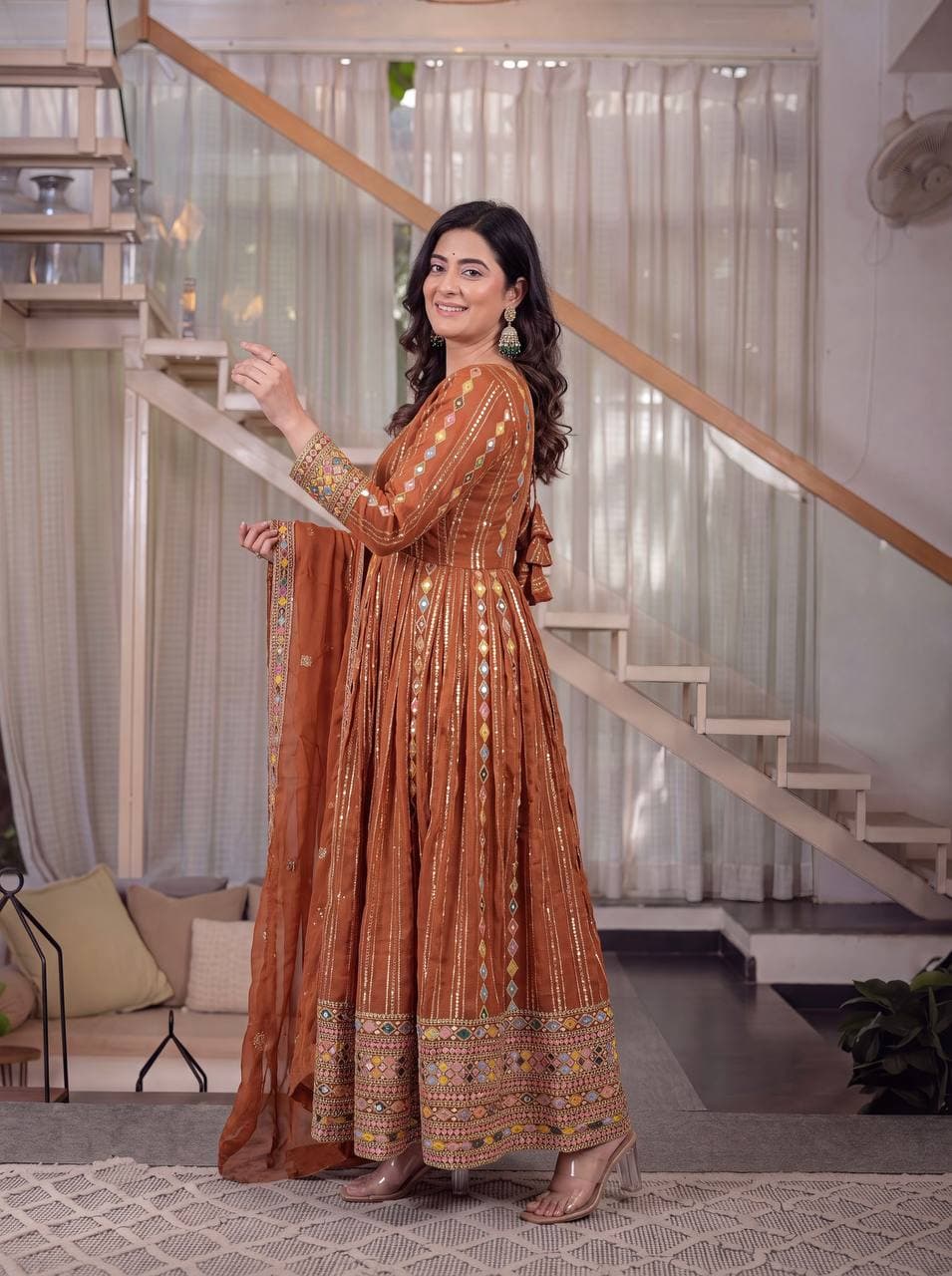 Women's Rust Orange Blend Anarkali Gown Set with Dupatta thumbnail 3