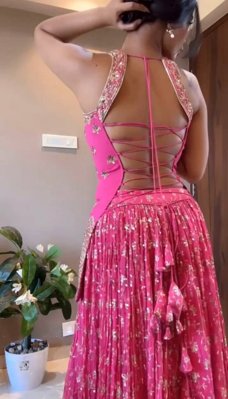 Rani Pink Heavy Embroidered Lehenga Choli Set with Dupatta thumbnail 3