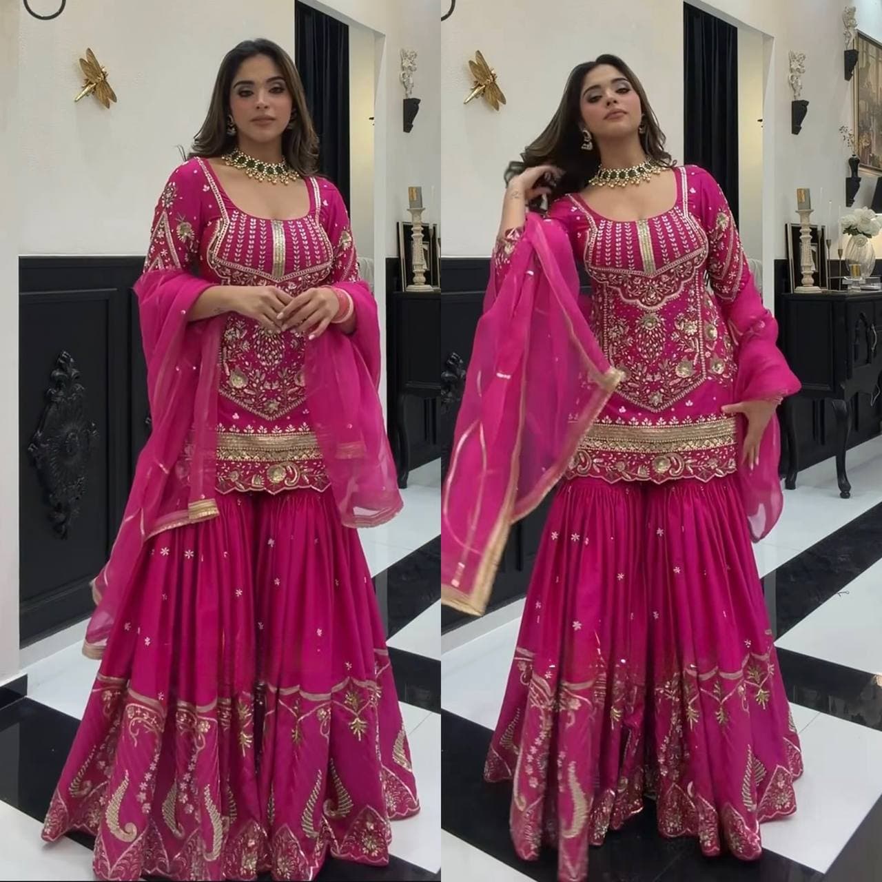 Luxury Rani Pink Embroidered Sharara Suit with Elegant Dupatta Collection thumbnail 2