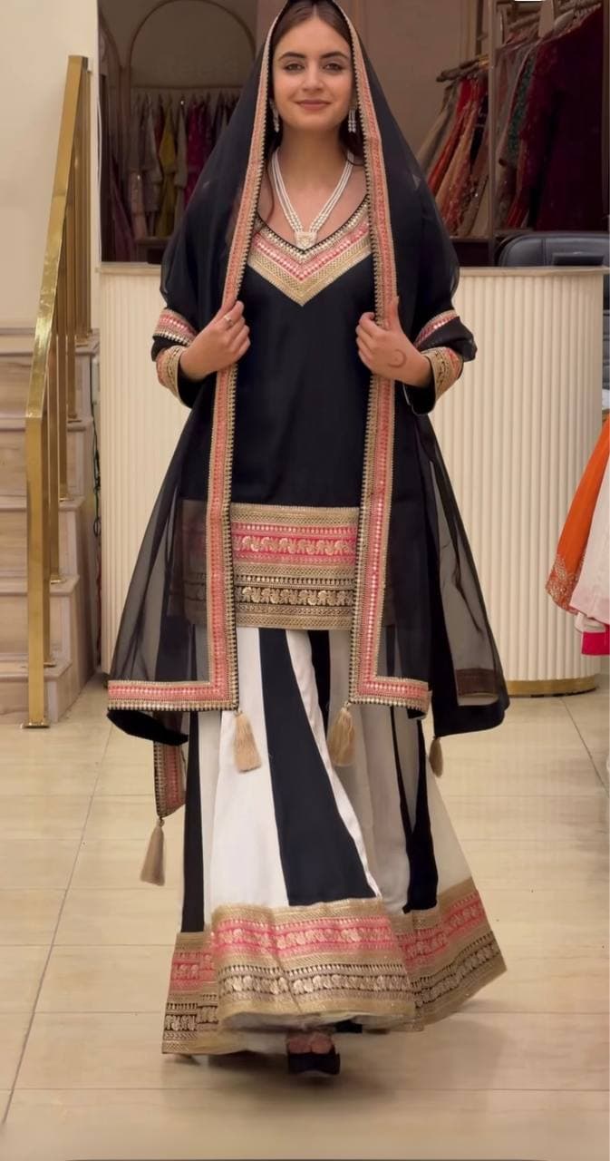 Black Embroidered  Natural Kurta Set with Organza Dupatta & Panelled Palazzo thumbnail 3