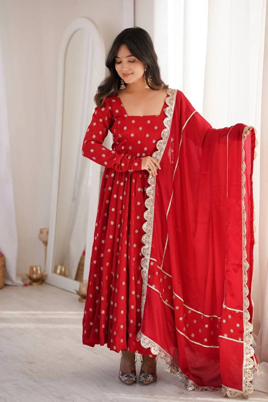 Women's Ruby Red Embroidered Georgette Anarkali Suit Set with Dupatta thumbnail 3