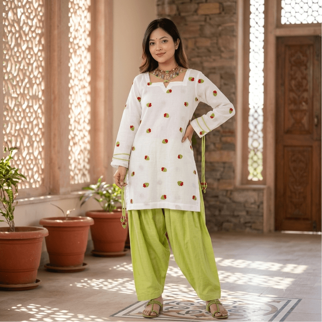 Women's White Embroidered Strawberry Straight Kurta with Lime Green Cotton Pant & Dupatta Set thumbnail 4