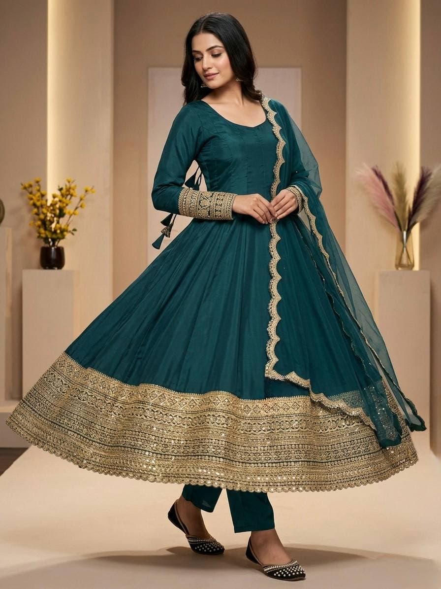 Royal Teal Anarkali Look For Modern Ethnic Fashion thumbnail 3