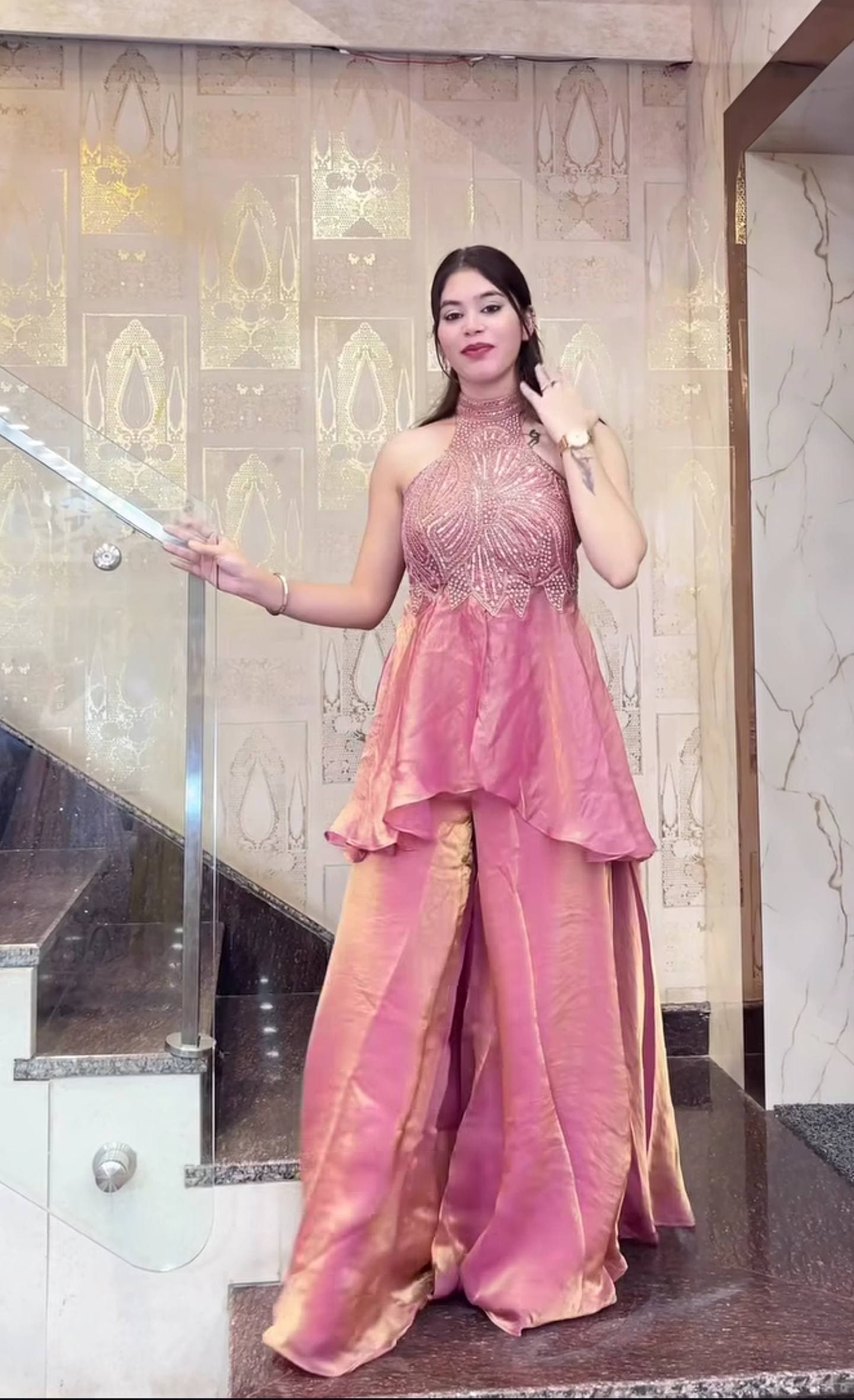Designer Halter Neck Embroidered Silk Palazzo Set
