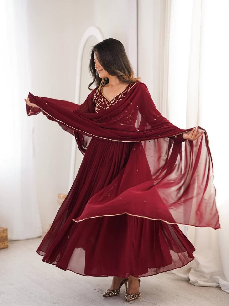 Royal Maroon Party Wear Anarkali Suit – Graceful & Flowy Look thumbnail 6