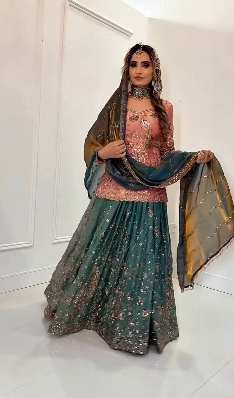 Dusty Pink Heavy Embroidered Silk Peplum Top with Teal Blue Floral Embroidered Plazzo &  Fandy  Dupatta thumbnail 3