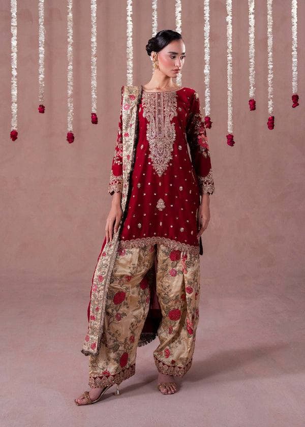 Royal Red Embroidered Kurta with Floral Palazzo Set thumbnail 5