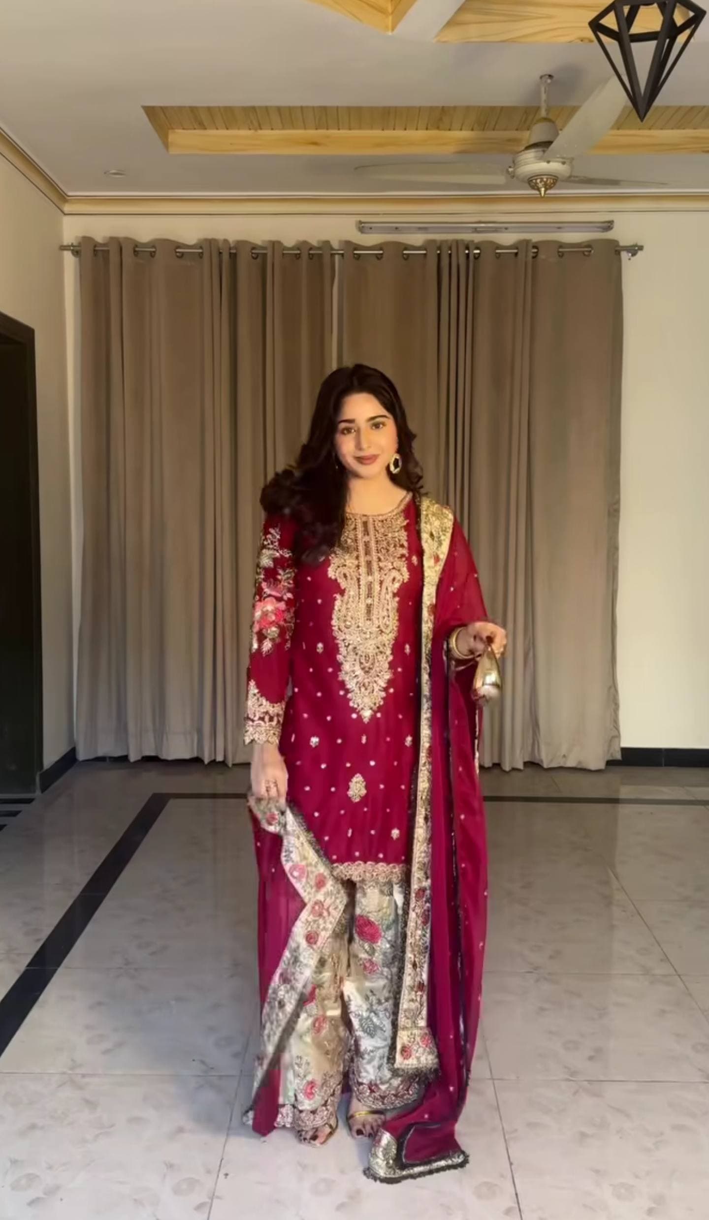 Royal Red Embroidered Kurta with Floral Palazzo Set thumbnail 8