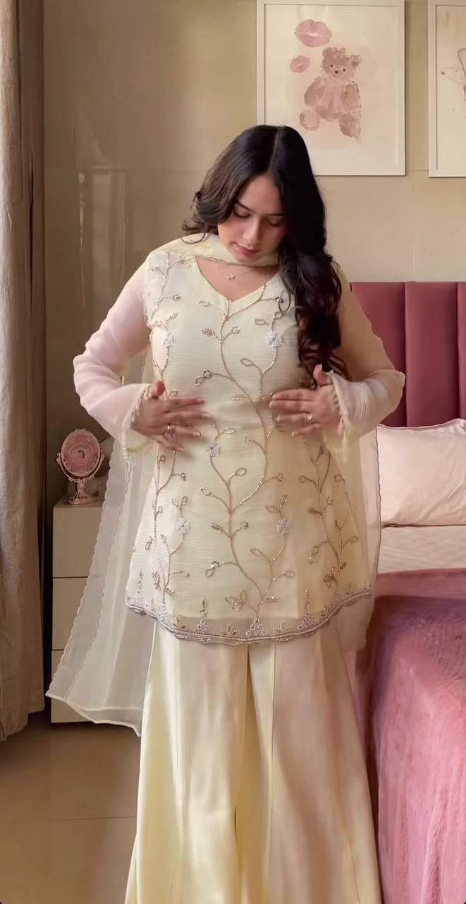 Ivory Cream Fendy Silk Handwork Kurta Set with Palazzo & Dupatta