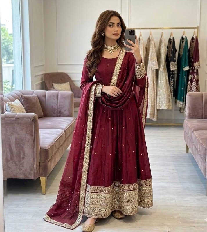 Women's Wine Heavy Anarkali Suit with Dupatta