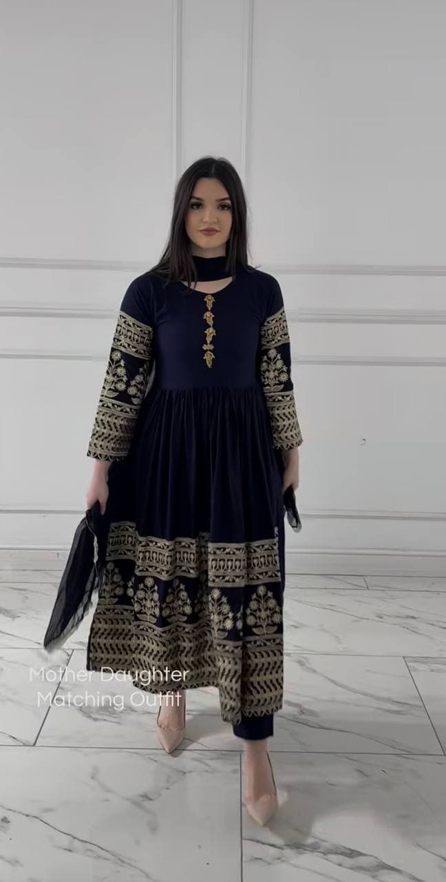 Navy Blue Embroidered Rayon Anarkali Kurta Set with Pant & Dupatta