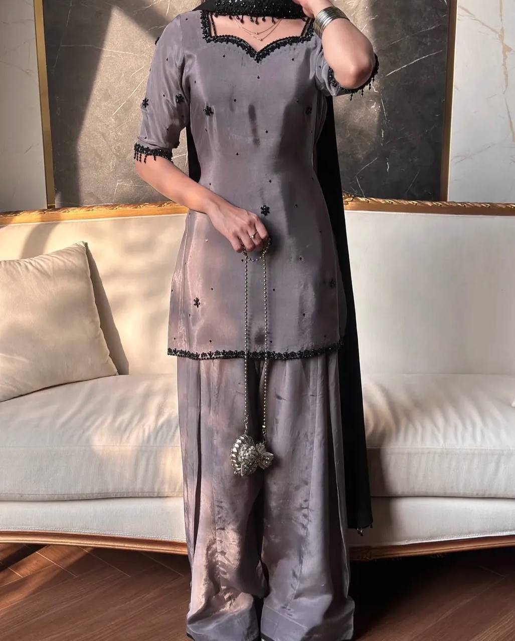 Luxury Grey Party Wear Kurta Palazzo Set with Beautiful Hand Embroidery