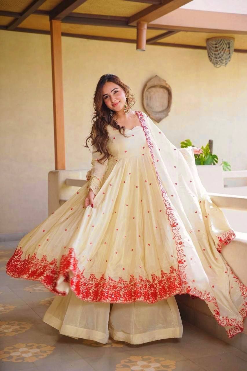 Women's Cream Floral Embroidered Anarkali Kurta Set with Dupatta