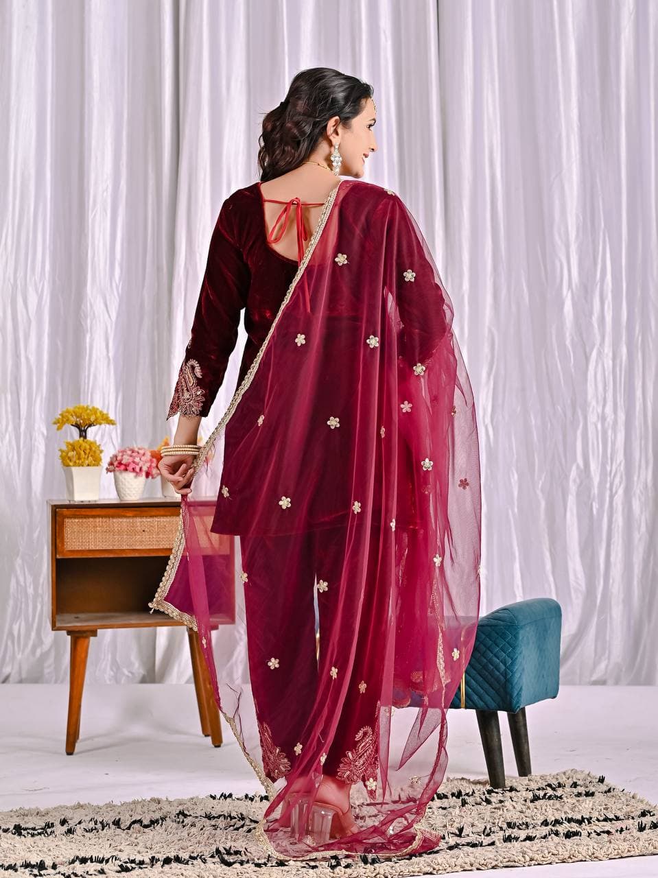 Luxury Maroon Velvet Sharara Set with Exquisite Embroidery thumbnail 2