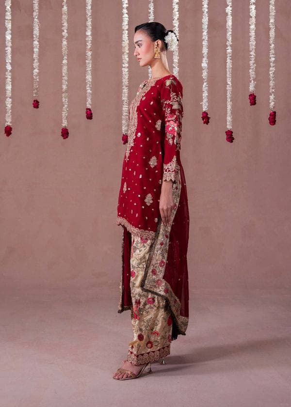 Royal Red Embroidered Kurta with Floral Palazzo Set thumbnail 6