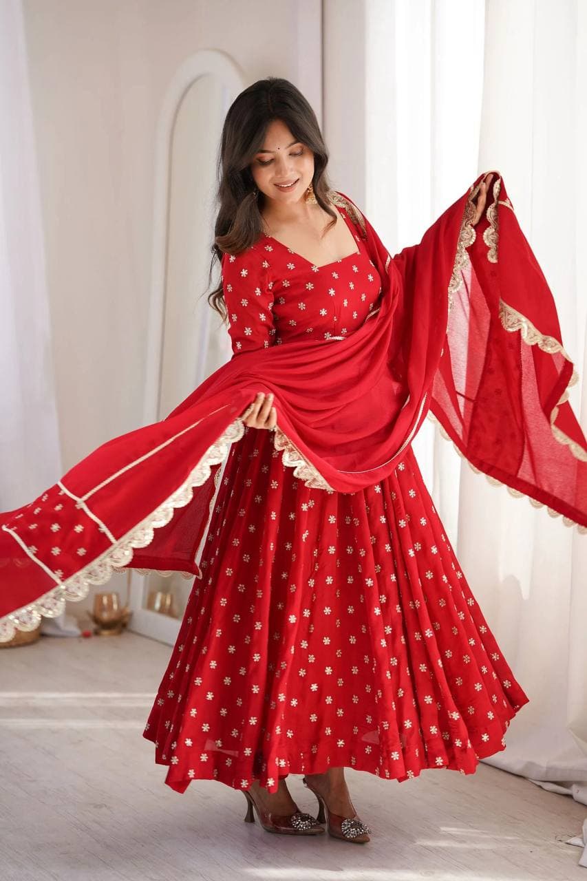 Women's Ruby Red Embroidered Georgette Anarkali Suit Set with Dupatta thumbnail 4