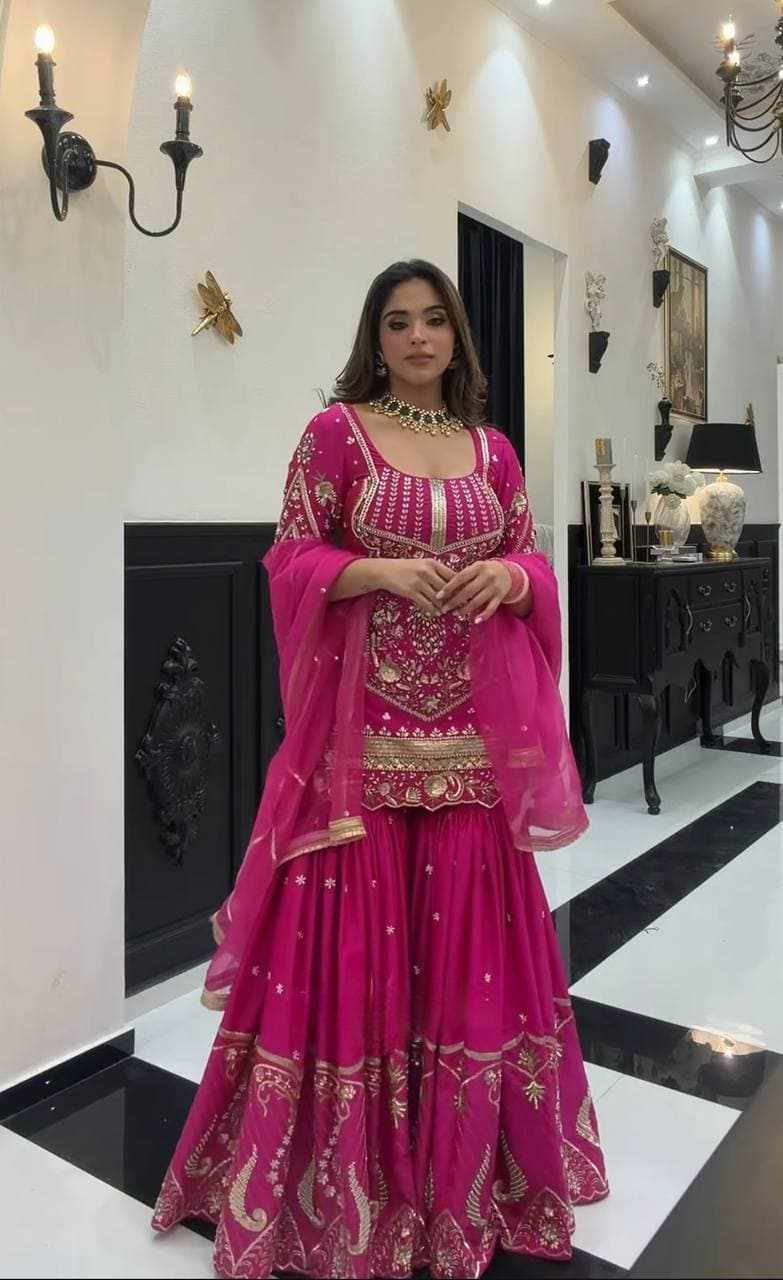 Luxury Rani Pink Embroidered Sharara Suit with Elegant Dupatta Collection