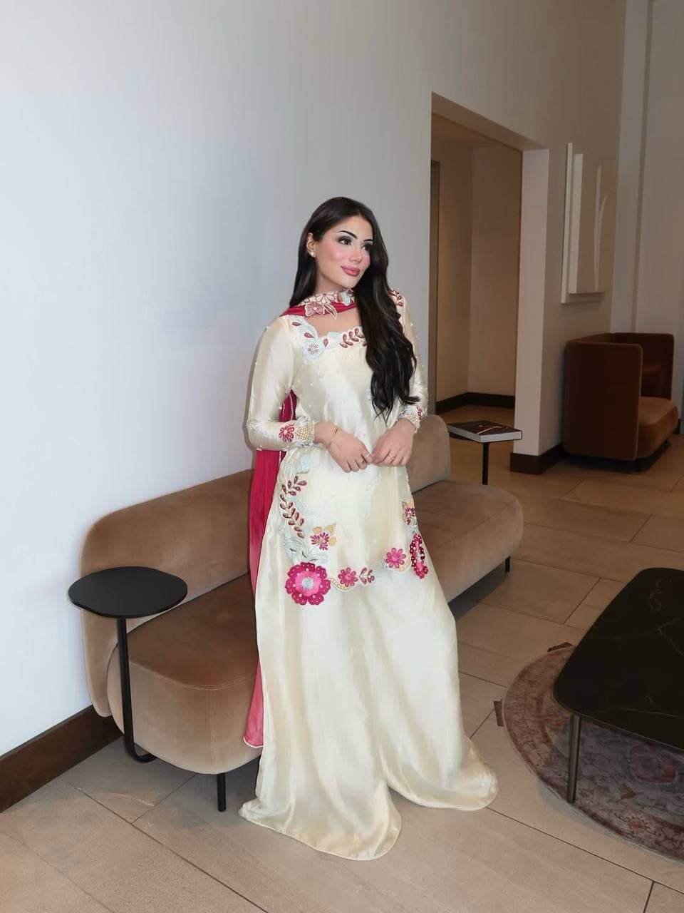 Luxury Ivory Floral Embroidered Kurti Palazzo Set with Pink Dupatta