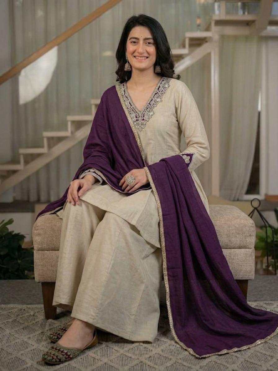 Women's Ivory Beige Designer Kurta Palazzo Set with Purple Dupatta thumbnail 3