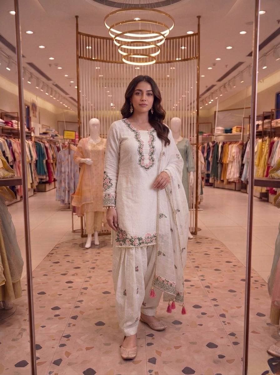 Elegant Off-White Embroidered Organza Pakistani Salwar Suit Set with Dupatta thumbnail 3