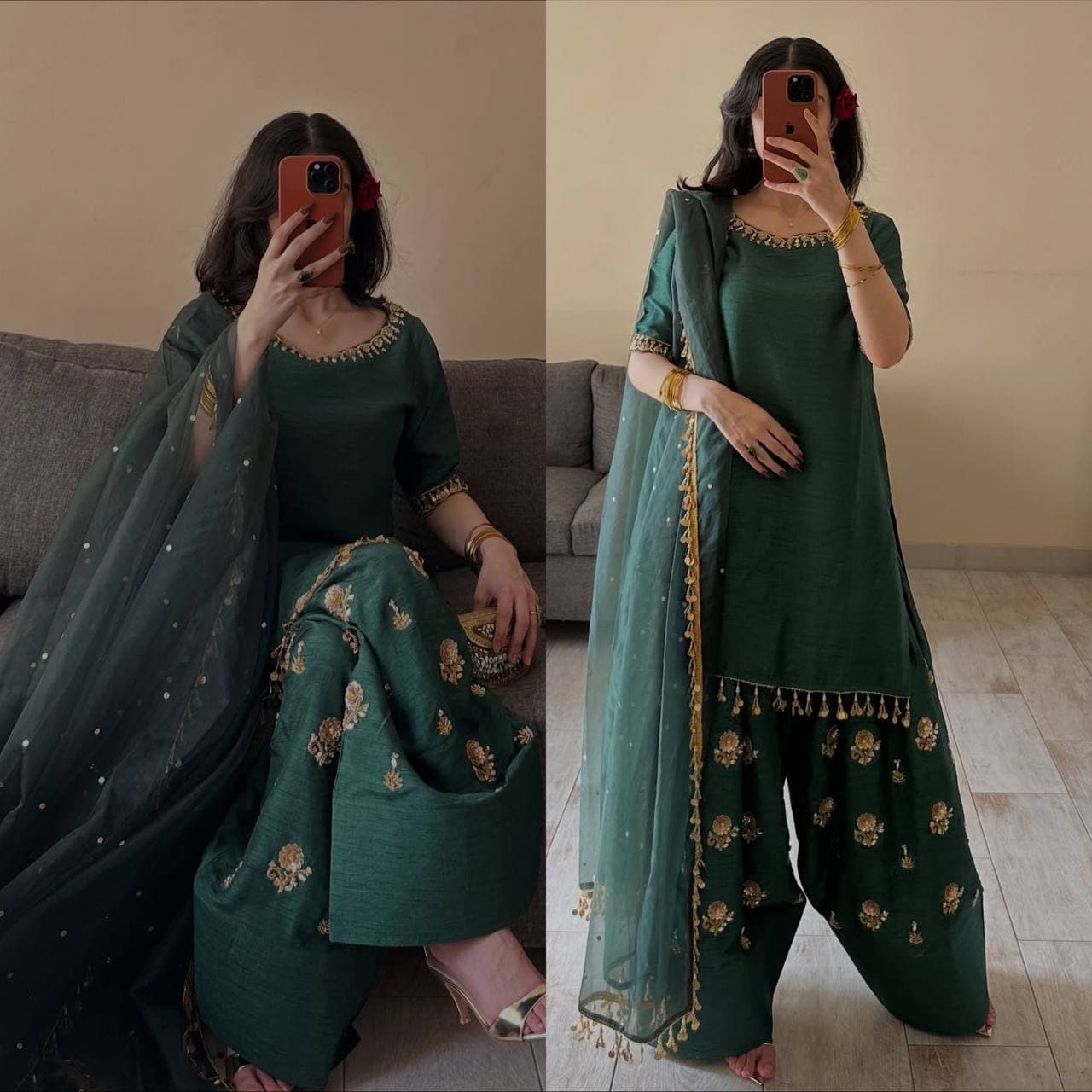 Women's Emerald Green Zari Embroidered Silk Blend Kurta Set with Flared & Dupatta