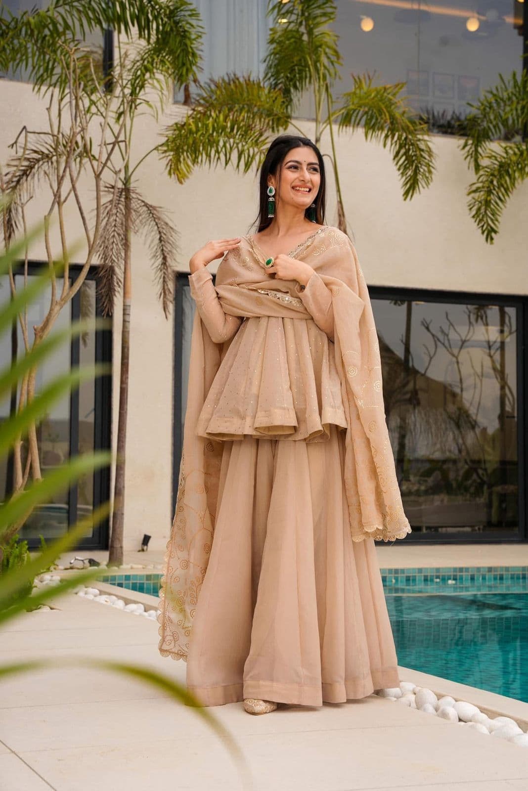 “Soft Peach Golden Embroidered Sharara Suit” thumbnail 4