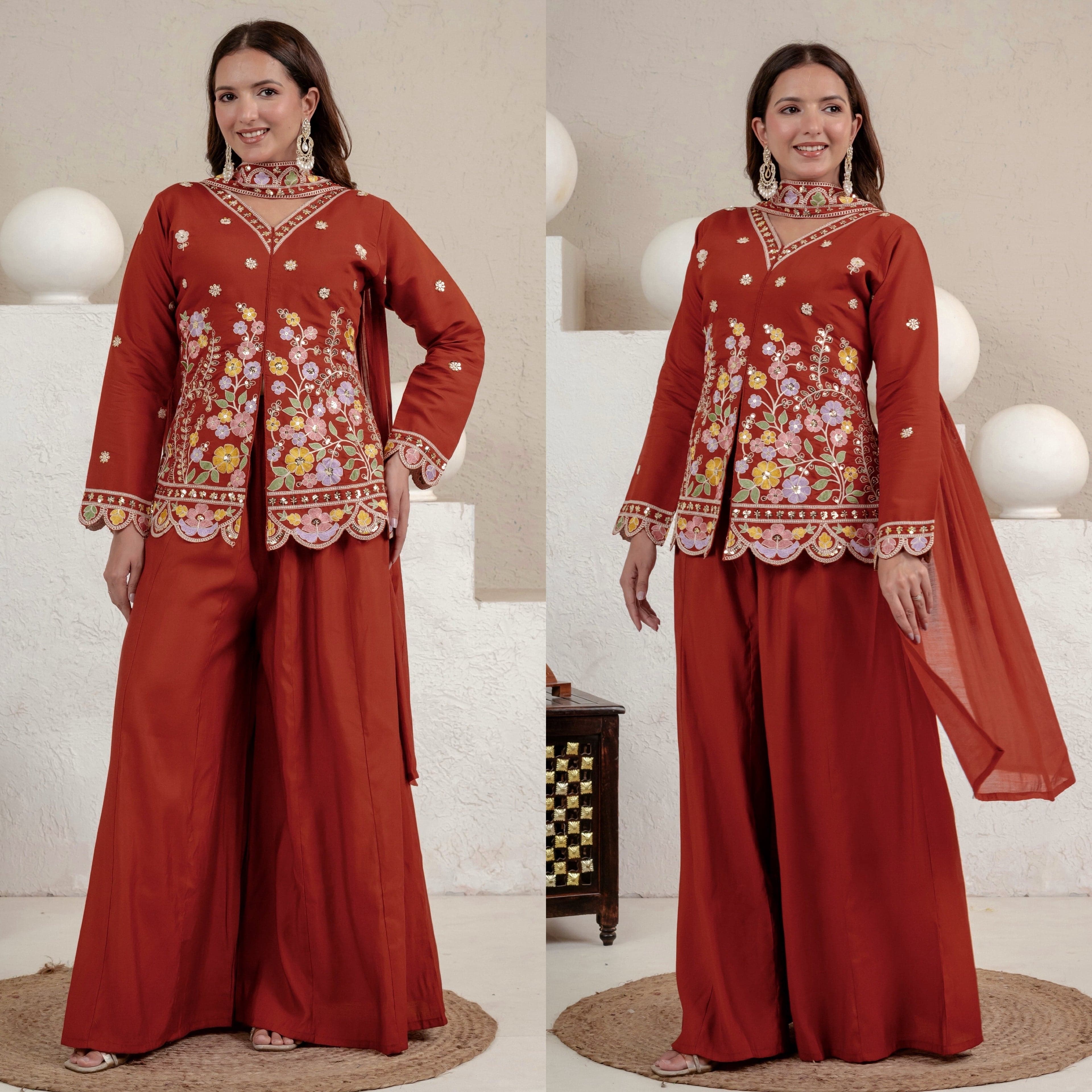 Women's Rust Floral Embroidered Roman Silk Straight Kurti with Palazzo Se