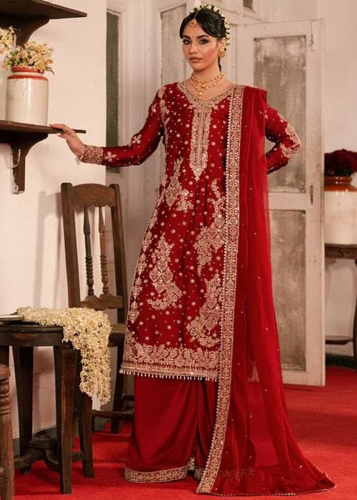 Women's Maroon Heavy Embroidered Faux Georgette Pakistani Palazzo Suit with Dupatta