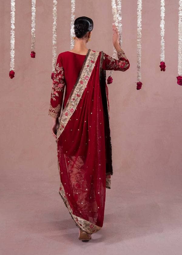 Royal Red Embroidered Kurta with Floral Palazzo Set thumbnail 3