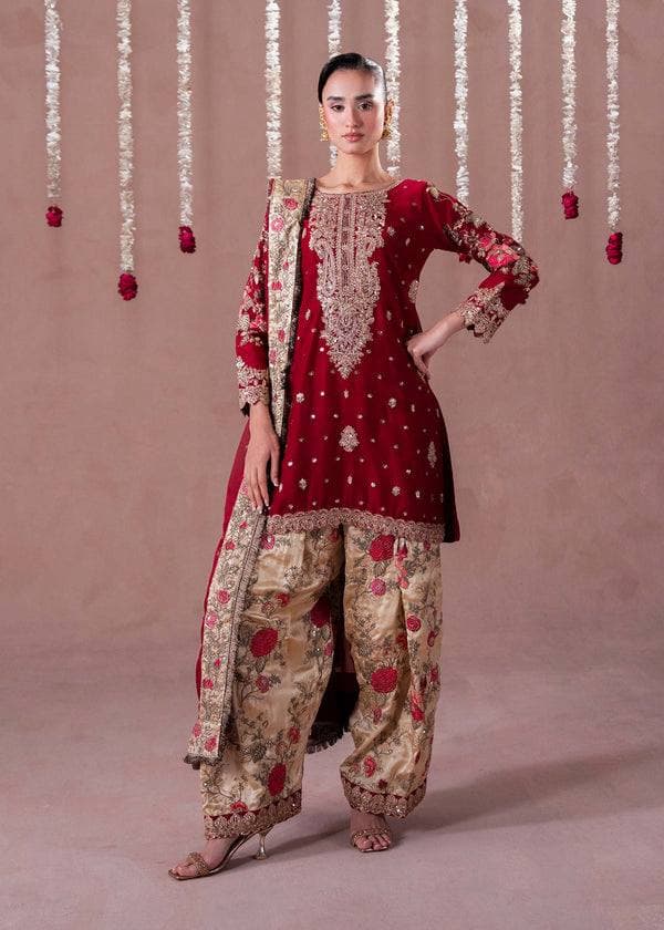 Royal Red Embroidered Kurta with Floral Palazzo Set thumbnail 2
