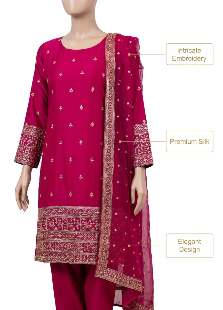 Kurties Designer Heavy Fendy Silk Kurta Set with Embroidered Dupatta & Farshi Shalwar - Elegant Zari & Sequin Work | Roman Silk 2.2m Dupatta | Perfect for Weddings & Festive Occasions thumbnail 3