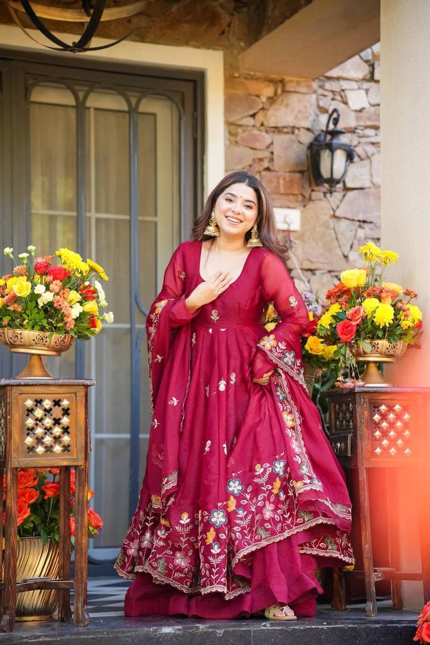 Elegant Maroon Anarkali with Organza Dupatta thumbnail 7